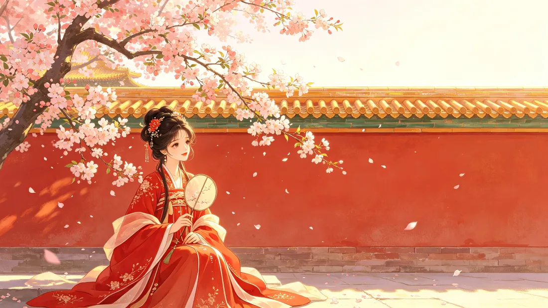 3k古风红衣少女壁纸｜宫墙樱花背景图片 - 国风国漫「哲风壁纸」