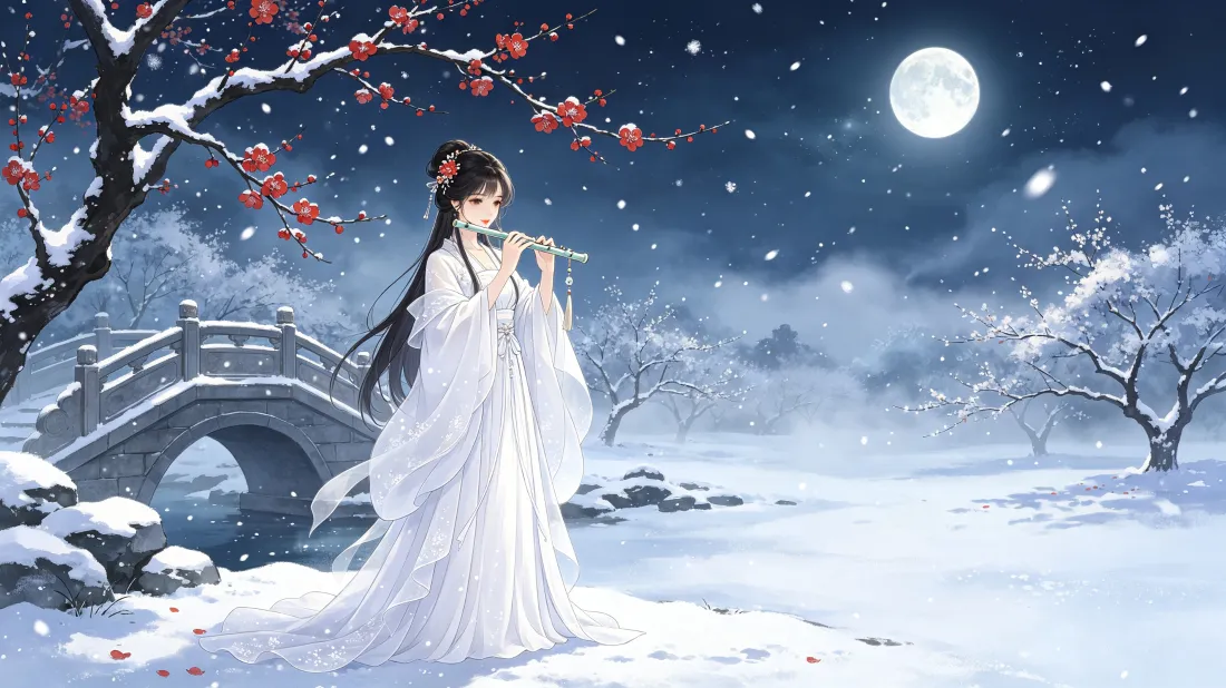 3k古风国漫白衣少女壁纸｜雪夜梅花背景图片 - 月下吹笛「哲风壁纸」