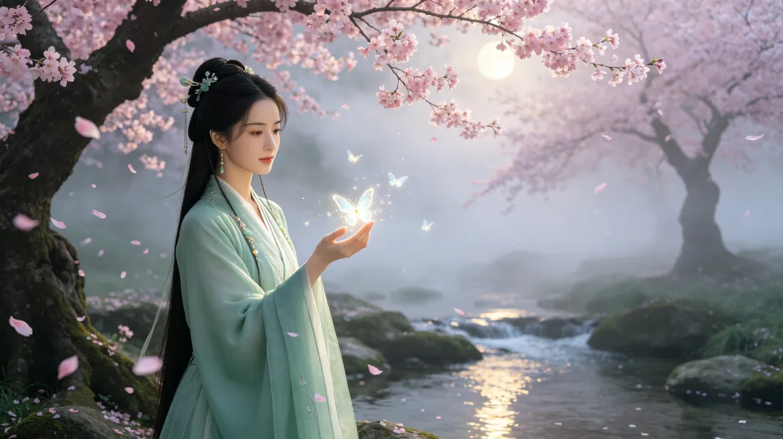 3k古风仙侠青衣女子壁纸｜樱花溪流月色背景图片 - 仙气画面「哲风壁纸」