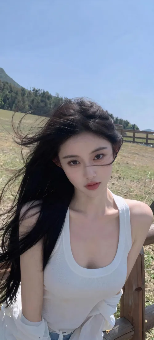 长发美女手机壁纸｜草原蓝天背景图片 - 清新户外人像「哲风壁纸」