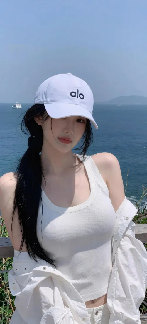 海边美女手机壁纸｜蓝天大海背景图片 - 白帽休闲穿搭「哲风壁纸」