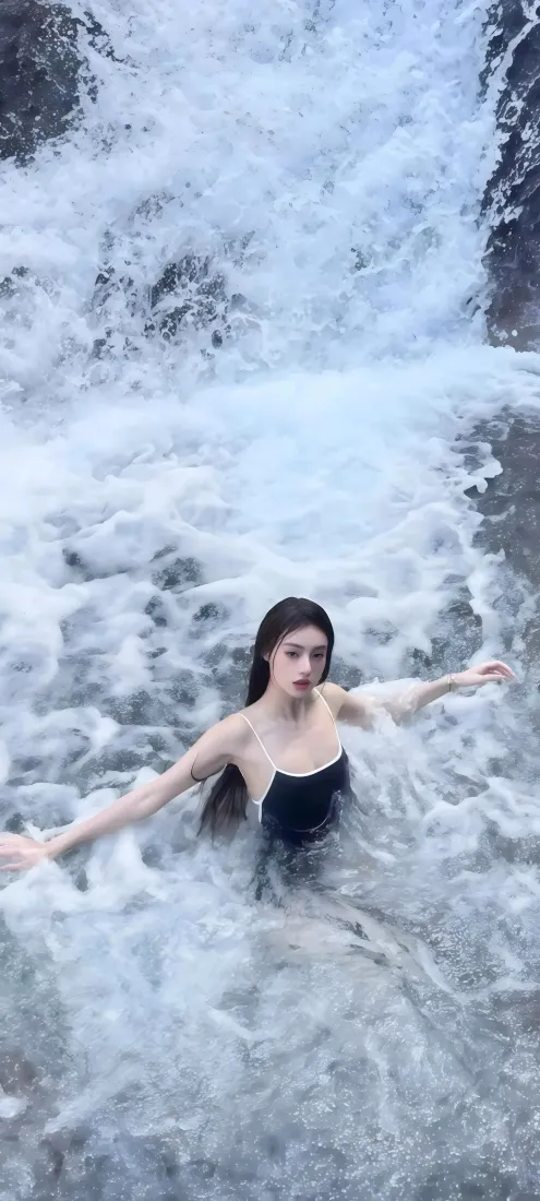 泳装美女手机壁纸｜自然瀑布背景图片 - 清凉戏水「哲风壁纸」