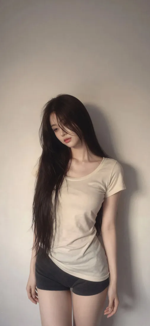 长发美女手机壁纸｜纯色墙面背景图片 - 简约休闲穿搭「哲风壁纸」