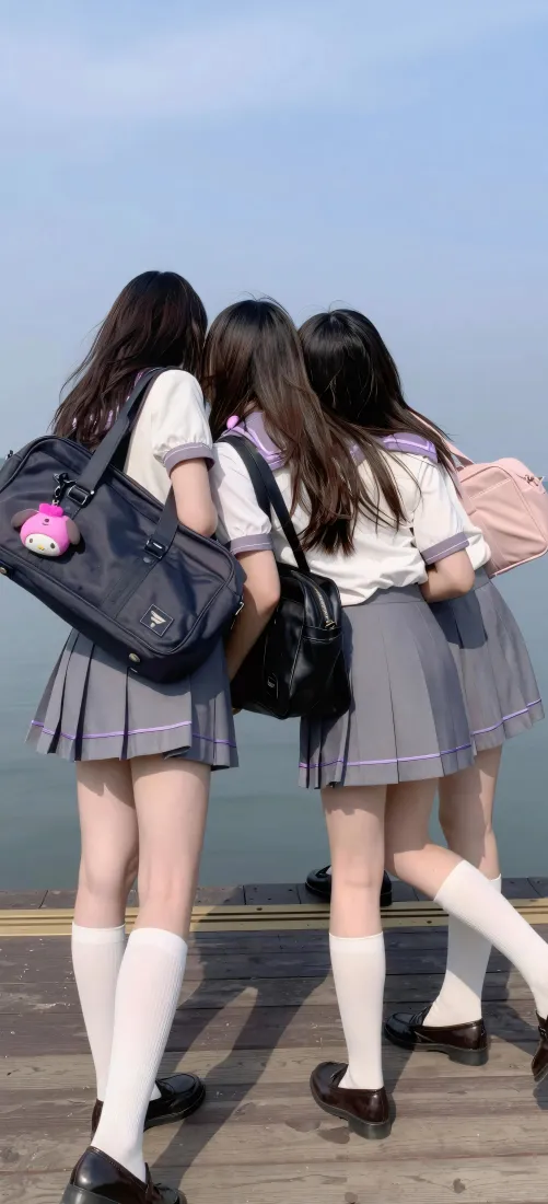 JK美女手机壁纸｜海边蓝天背景图片 - 青春少女背影「哲风壁纸」