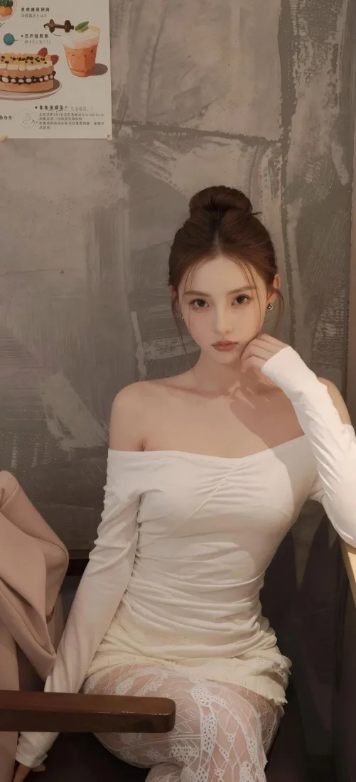 丸子头美女手机壁纸｜白色露肩裙室内背景图片 - 时尚氛围感写真「哲风壁纸」