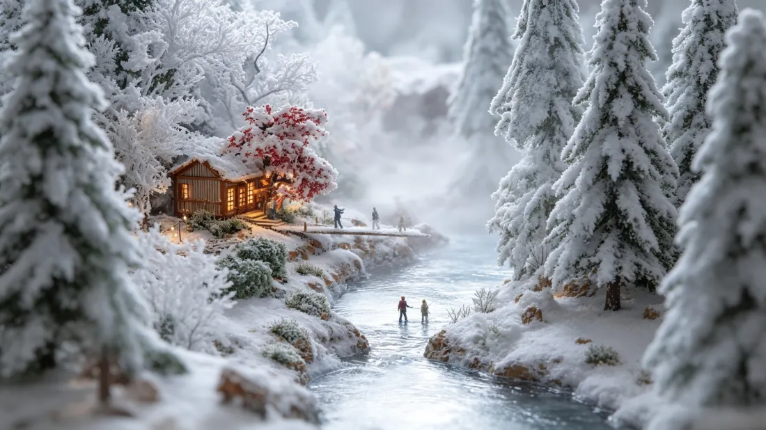 3k冬日雪林壁纸｜木屋溪流背景图片 - 治愈冬季绝美风景「哲风壁纸」