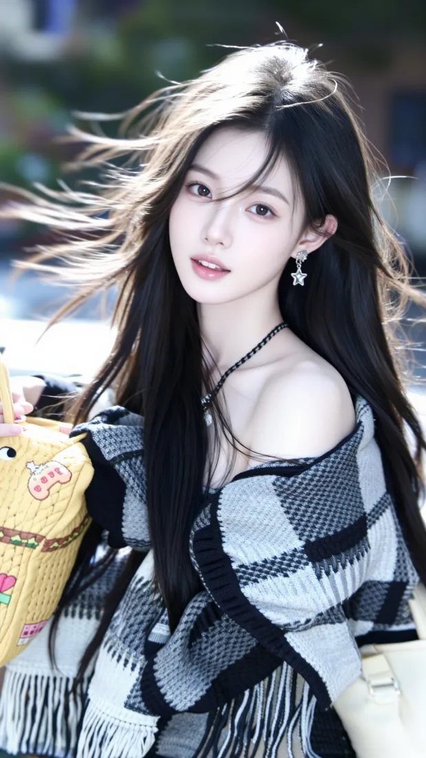 露肩格子毛衣美女手机壁纸｜户外街拍背景图片 - 清新人像摄影「哲风壁纸」