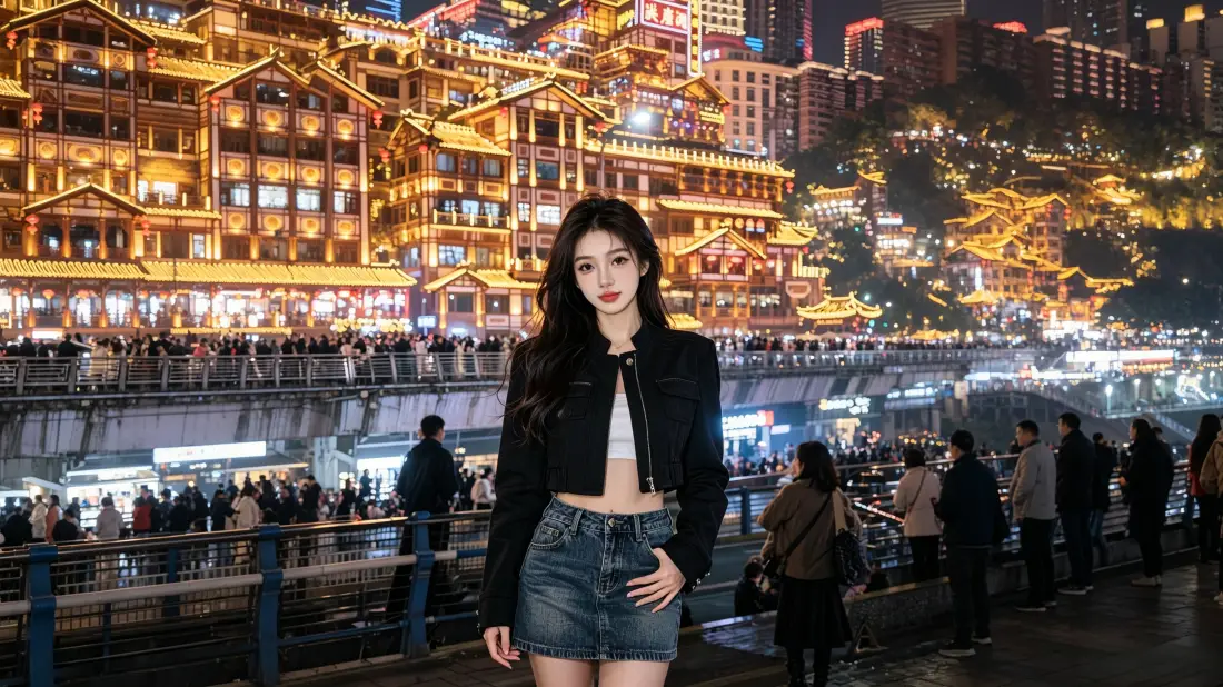3k洪崖洞街拍美女壁纸｜重庆夜景背景图片 - 氛围感人像「哲风壁纸」