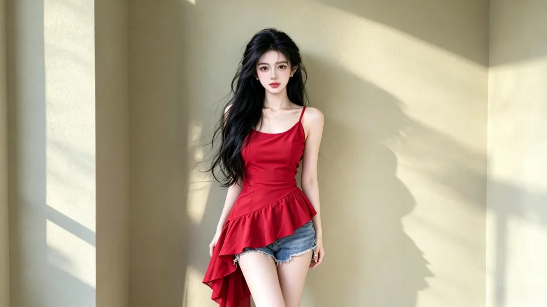 3k红衣美女壁纸｜暖光室内背景图片 - 时尚穿搭氛围感写真「哲风壁纸」