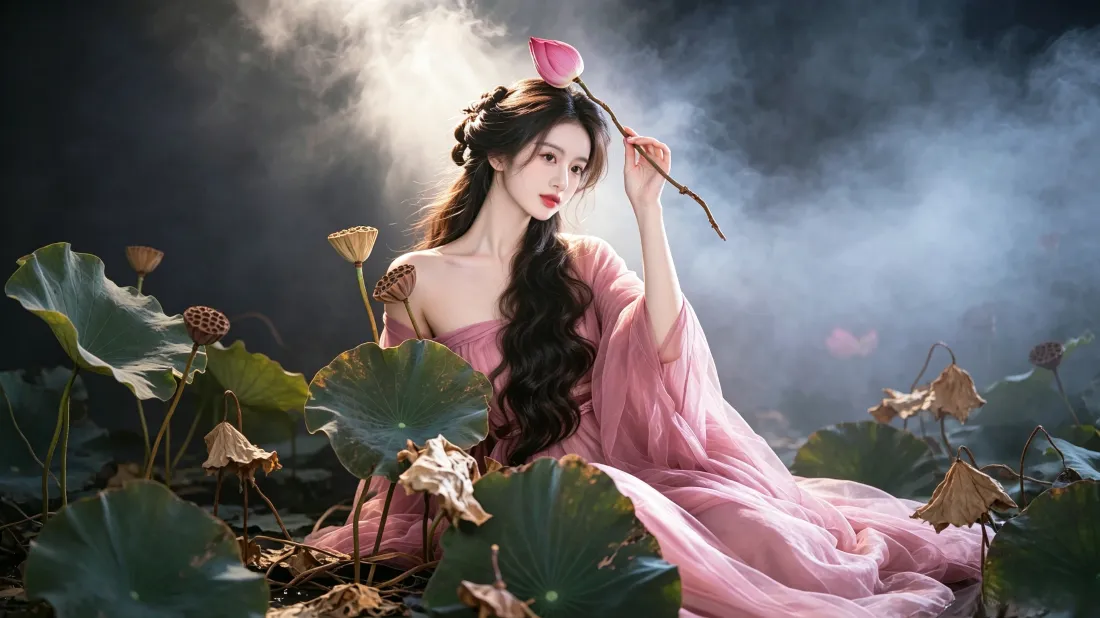 3k古风粉衣美女壁纸｜荷塘烟雾背景图片 - 清冷氛围感写真「哲风壁纸」