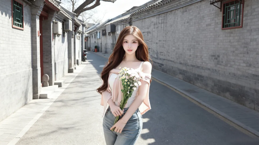 3k长发美女壁纸｜静谧老胡同背景图片 - 手持花束气质氛围感写真「哲风壁纸」