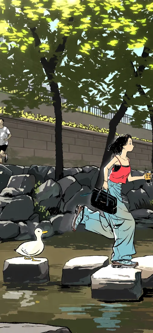 卡通少女手机壁纸｜夏日河畔漫步背景图片 - 清新治愈插画「哲风壁纸」