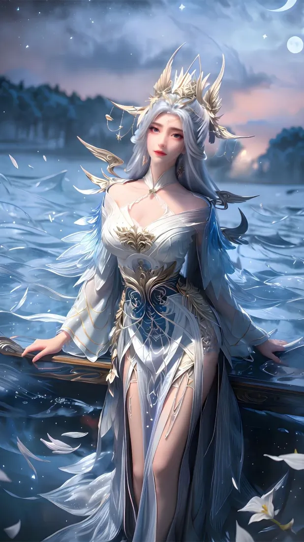 苏雨蝶手机壁纸｜蓝调夜空水面背景图片 - 银发皇冠长裙女神「哲风壁纸」