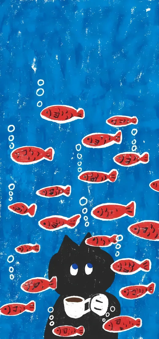 可爱黑猫手机壁纸｜红色小鱼蓝色背景图片 - 治愈卡通插画「哲风壁纸」