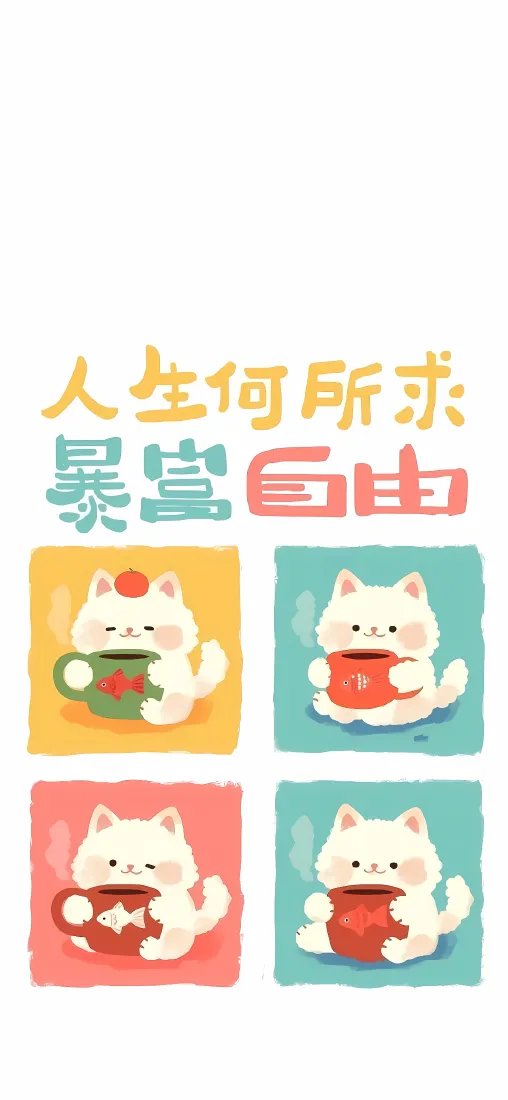 可爱卡通小猫手机壁纸｜治愈插画背景图片 - 暴富自由文字「哲风壁纸」