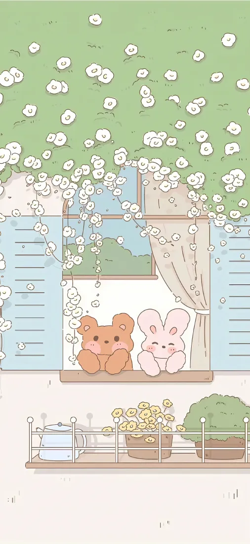 软萌小熊兔子手机壁纸｜窗台春日碎花背景图片 - 治愈可爱「哲风壁纸」
