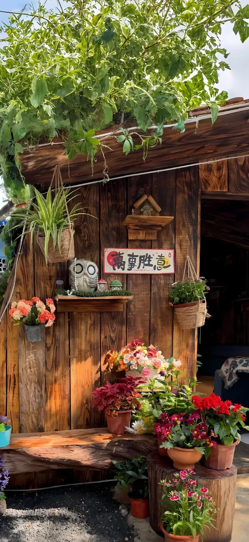 木屋手机壁纸｜绿植花卉环绕背景图片 - 治愈户外田园休闲小院「哲风壁纸」