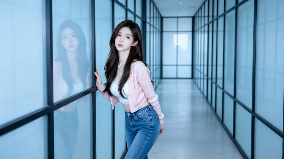 3k长发美女壁纸｜玻璃走廊背景图片 - 时尚氛围感写真「哲风壁纸」