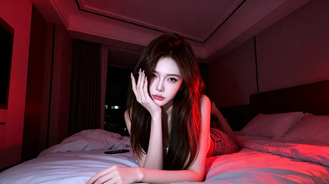 3k氛围感美女壁纸｜红色灯光卧室背景图片 - 居家性感写真「哲风壁纸」