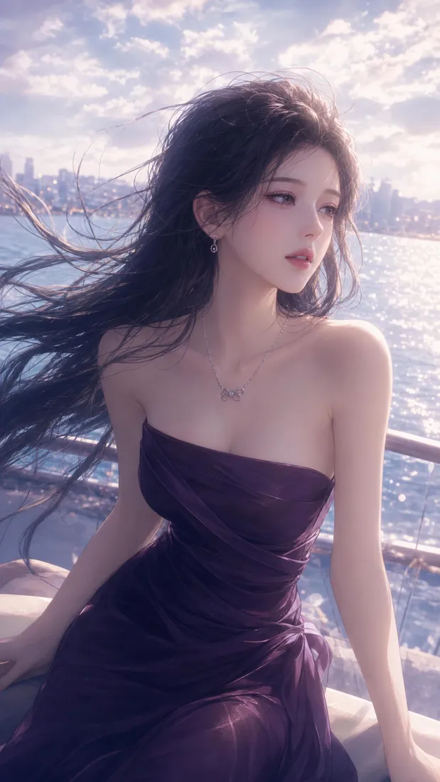紫衣长发美女手机壁纸｜海边城市背景图片 - 氛围感插画「哲风壁纸」