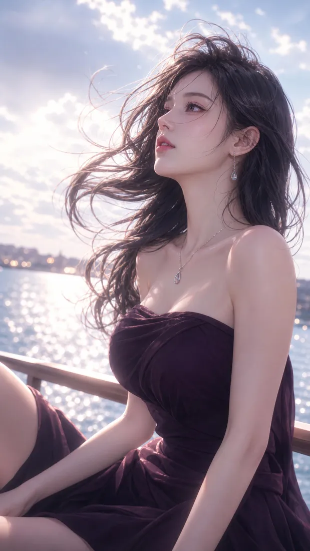 插画美女手机壁纸｜海边蓝天背景图片 - 卷发抹胸氛围感少女「哲风壁纸」