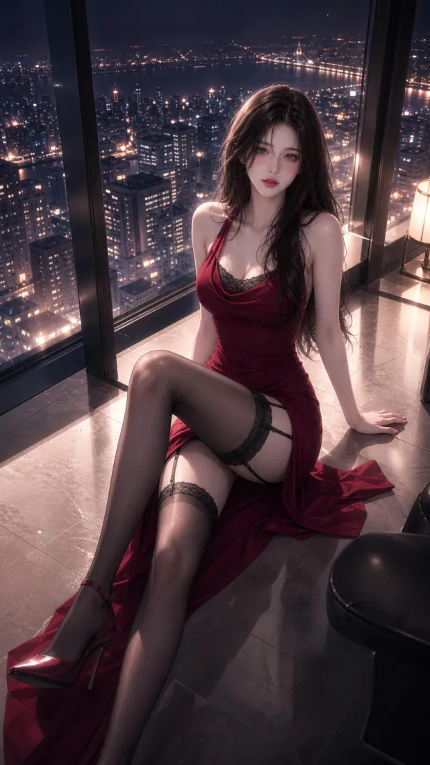 红衣美女手机壁纸｜都市夜景背景图片 - 手绘插画「哲风壁纸」