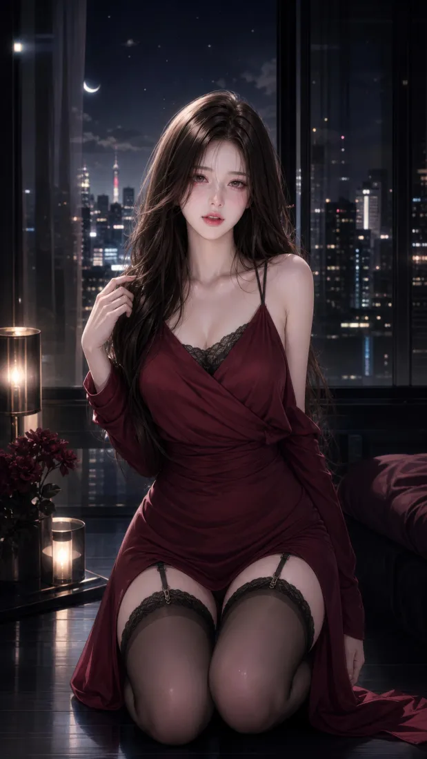 红衣美女手机壁纸｜城市夜景背景图片 - 性感插画「哲风壁纸」