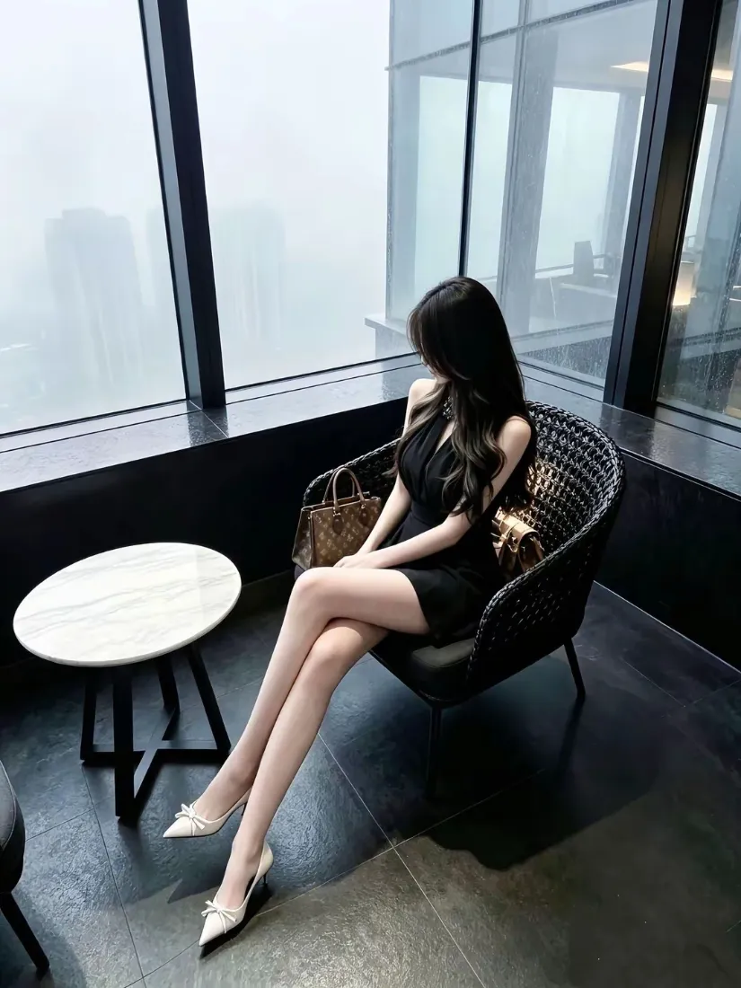 黑裙美女手机壁纸｜高空落地窗背景图片 - 都市氛围感「哲风壁纸」