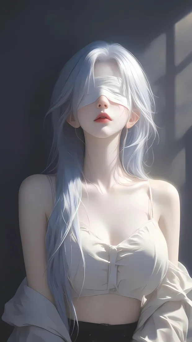 银发蒙眼少女手机壁纸｜清冷光影背景图片 - 二次元气质女生「哲风壁纸」