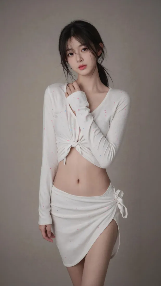 气质少女手机壁纸｜浅灰背景图片 - 白色露腰穿搭「哲风壁纸」