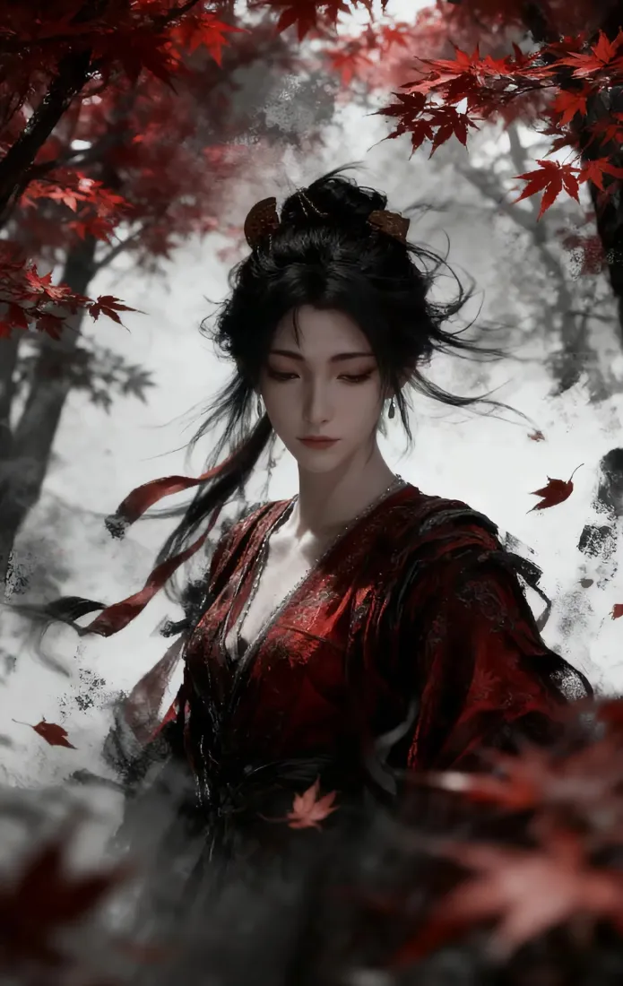 慕沛灵手机壁纸｜红枫林背景图片 - 凡人修仙传古风角色「哲风壁纸」