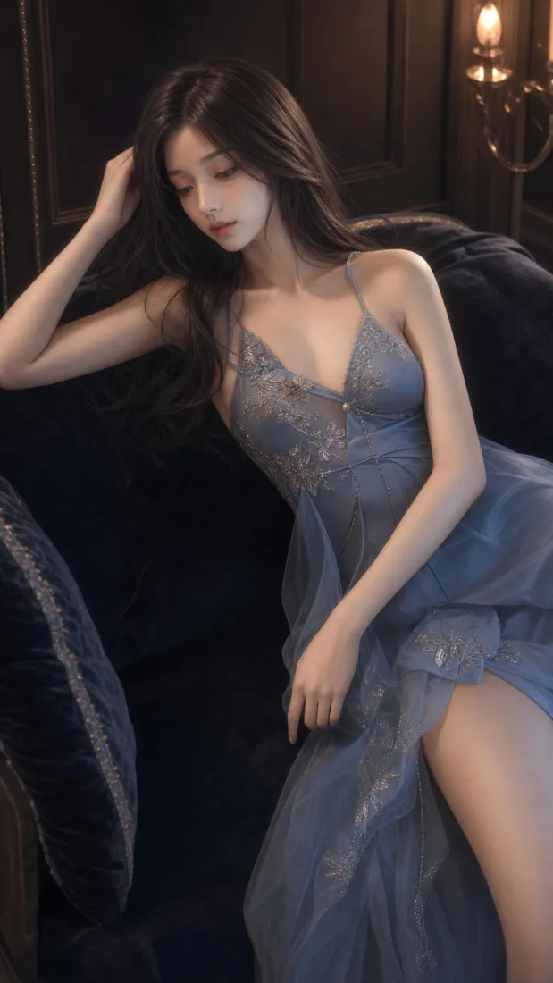 动漫美女手机壁纸｜蓝色吊带裙背景图片 - 优雅暗调氛围「哲风壁纸」