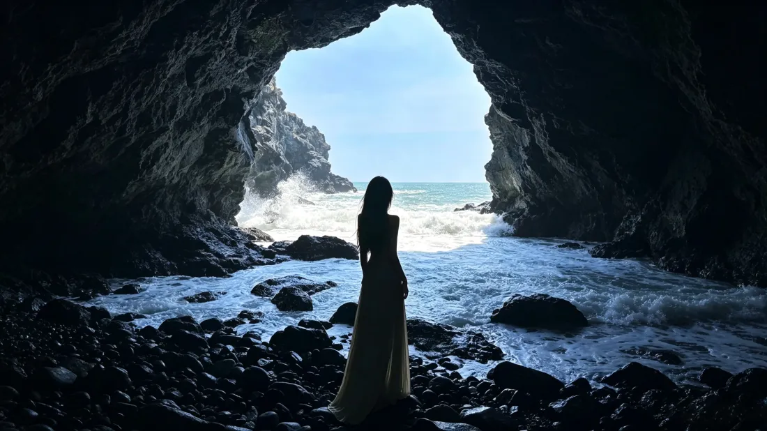 3k长裙女生剪影壁纸｜洞穴海景背景图片 - 治愈氛围感「哲风壁纸」