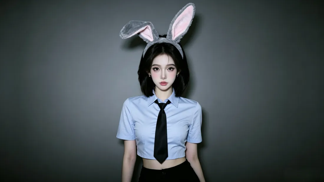 3k朱迪cos壁纸｜蓝衬衫黑领带背景图片 - 兔耳甜酷少女「哲风壁纸」