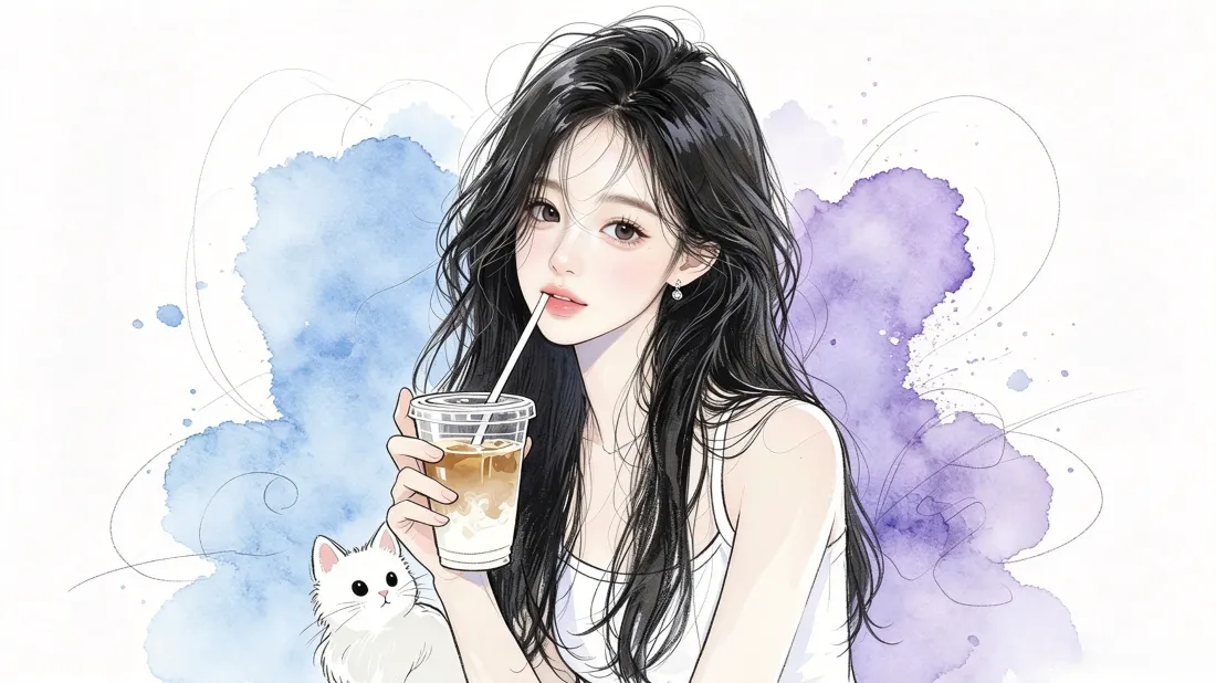 3k水彩卷发少女壁纸｜蓝紫晕染背景图片 - 手持冰饮白猫清新「哲风壁纸」
