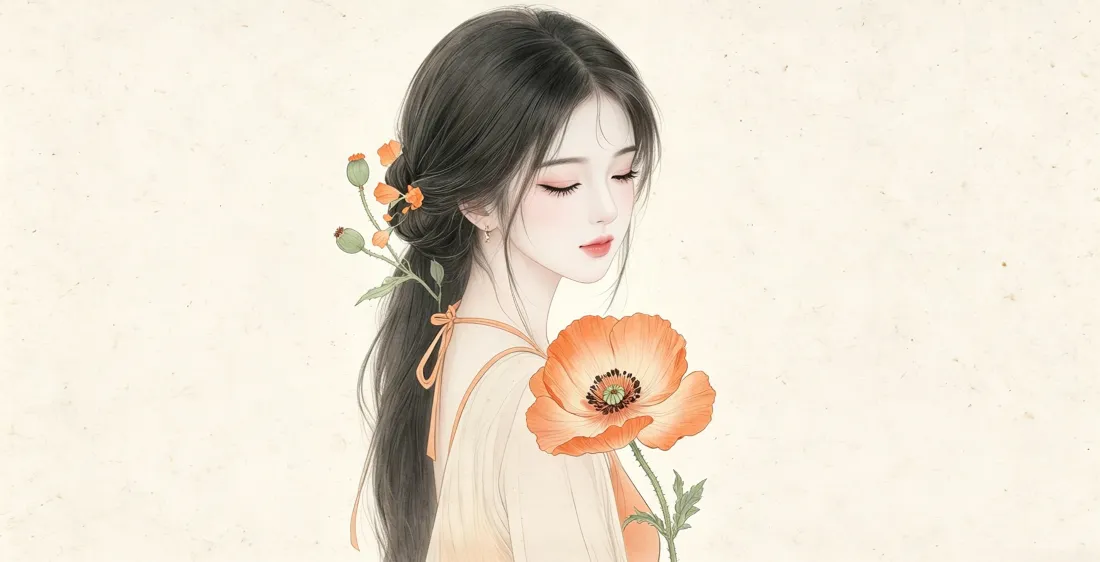 3k古风手绘美女壁纸｜橙色虞美人背景图片 - 温婉氛围感「哲风壁纸」