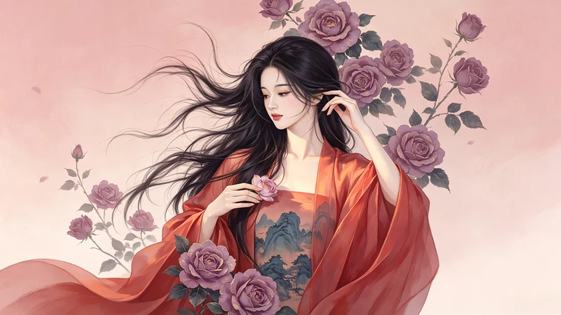 3k红衣古风少女壁纸｜紫玫瑰背景图片 - 氛围感国风插画「哲风壁纸」