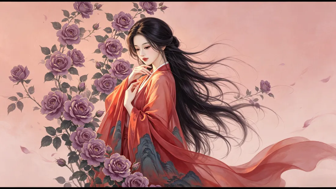 3k古风红衣美人壁纸｜紫玫瑰粉调背景图片 - 国风手绘「哲风壁纸」