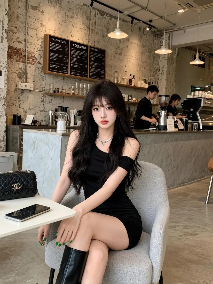 长发气质美女手机壁纸｜咖啡厅休闲背景图片 - 时尚穿搭「哲风壁纸」