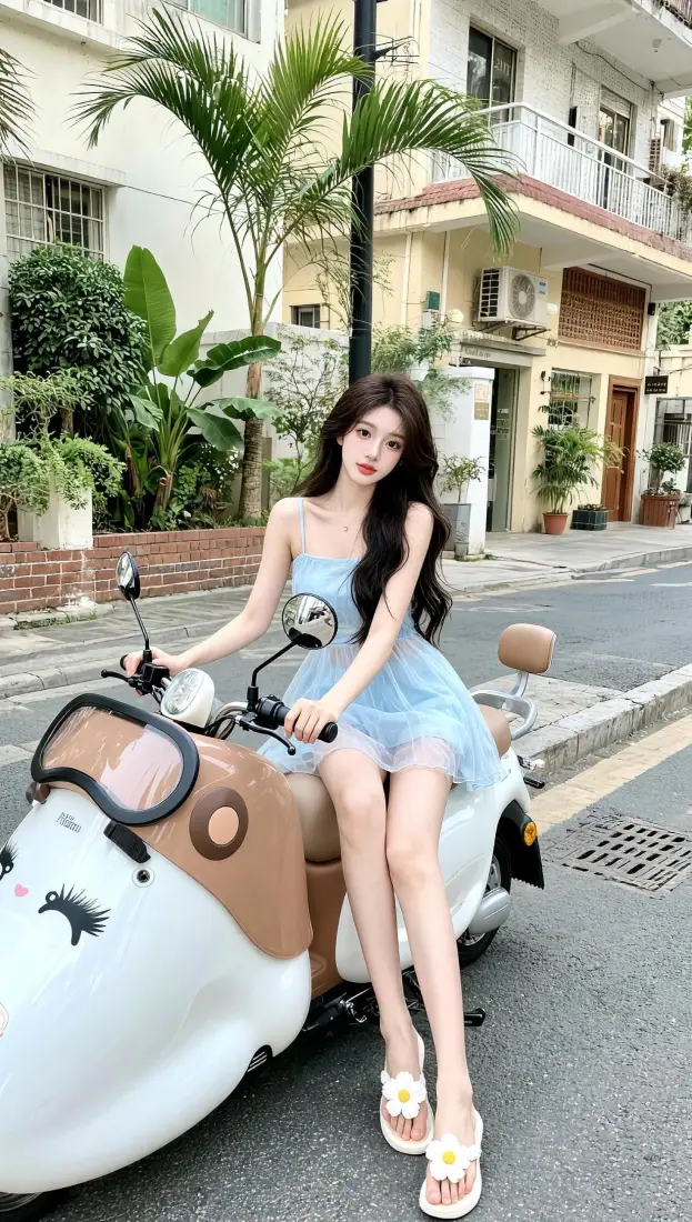 美女手机壁纸｜电动车街道背景图片 - 清新夏日穿搭「哲风壁纸」