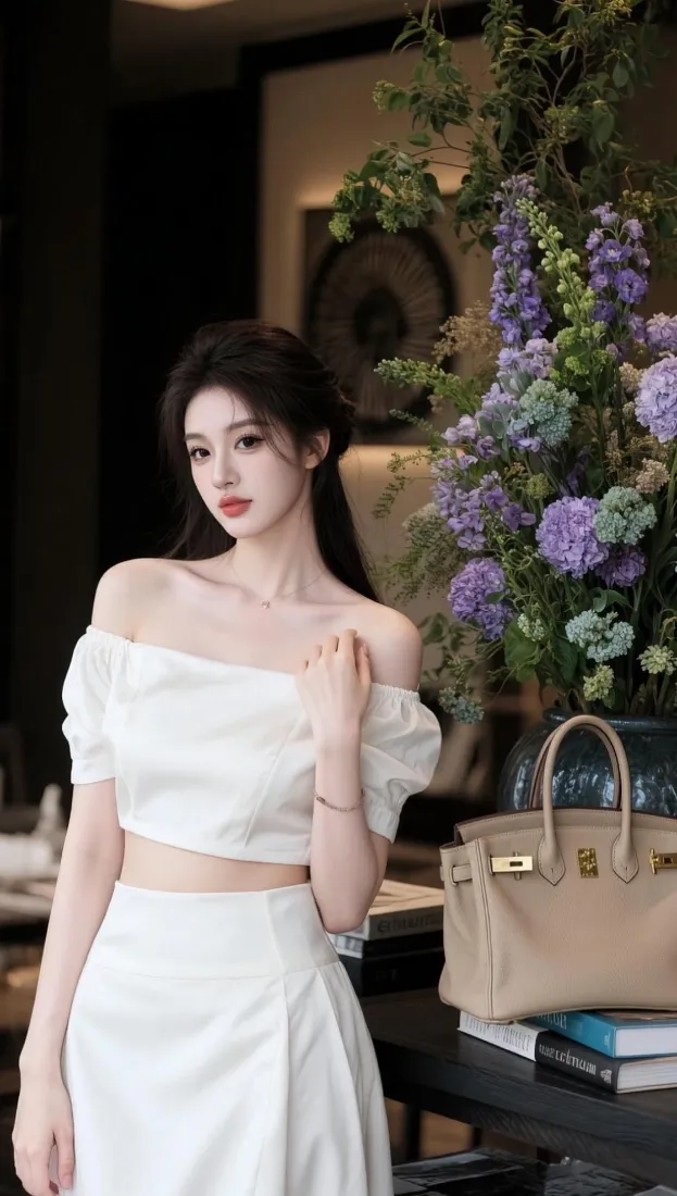 美女手机壁纸｜白色露肩套装背景图片 - 绣球花旁氛围感写真「哲风壁纸」