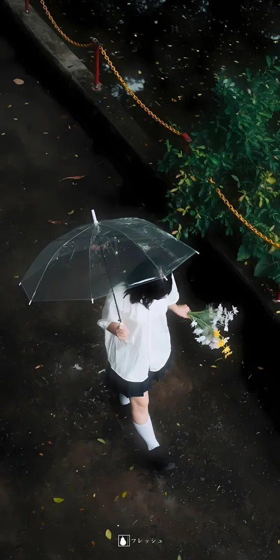 撑伞少女手机壁纸｜阴雨天街道背景图片 - 手持花束悠闲散步「哲风壁纸」