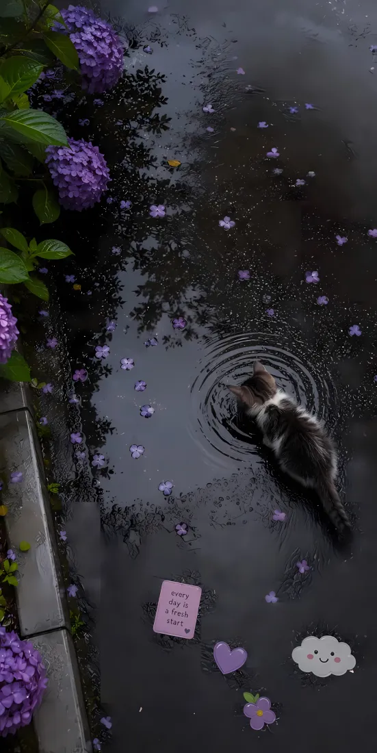 小猫手机壁纸｜雨天落花绣球花背景图片 - 水面倒影治愈场景「哲风壁纸」