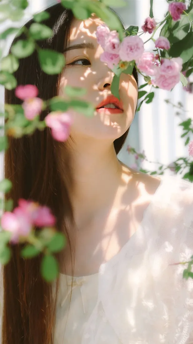 长发美女手机壁纸｜蔷薇花丛背景图片 - 阳光清新人像「哲风壁纸」