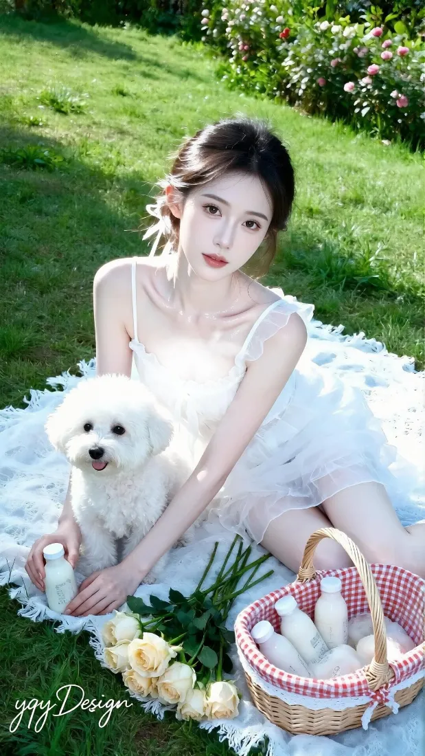 白裙美女手机壁纸｜草坪野餐背景图片 - 与比熊犬相伴清新治愈「哲风壁纸」