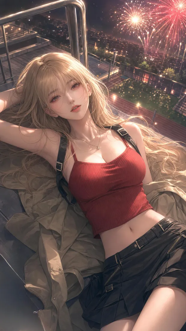 金发红衣美女手机壁纸｜夜晚烟花背景图片 - 二次元插画「哲风壁纸」