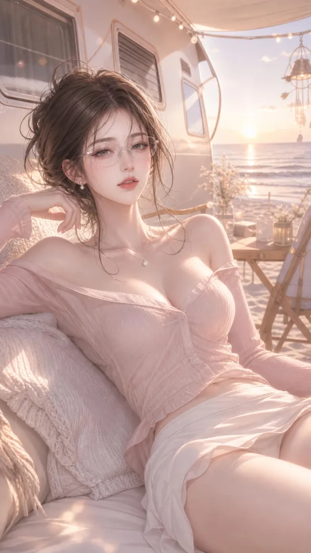 插画美女手机壁纸｜海边房车夕阳背景图片 - 暖光氛围感少女「哲风壁纸」