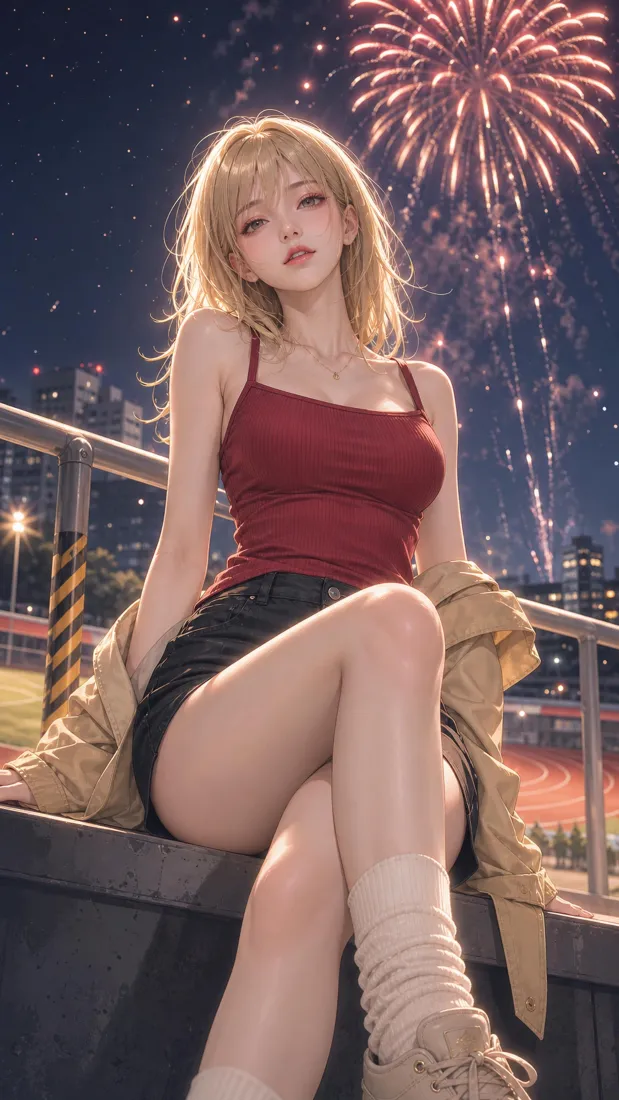 金发美女手机壁纸｜烟花天台夜景背景图片 - 氛围感插画「哲风壁纸」