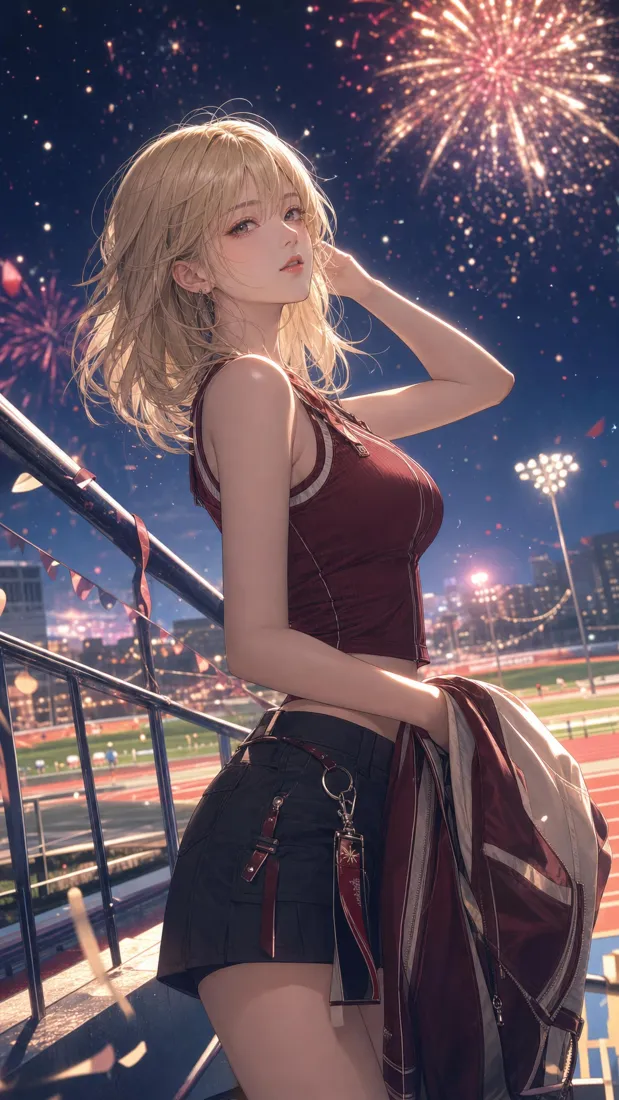 金发运动少女手机壁纸｜夜晚体育场烟花背景图片 - 二次元插画「哲风壁纸」