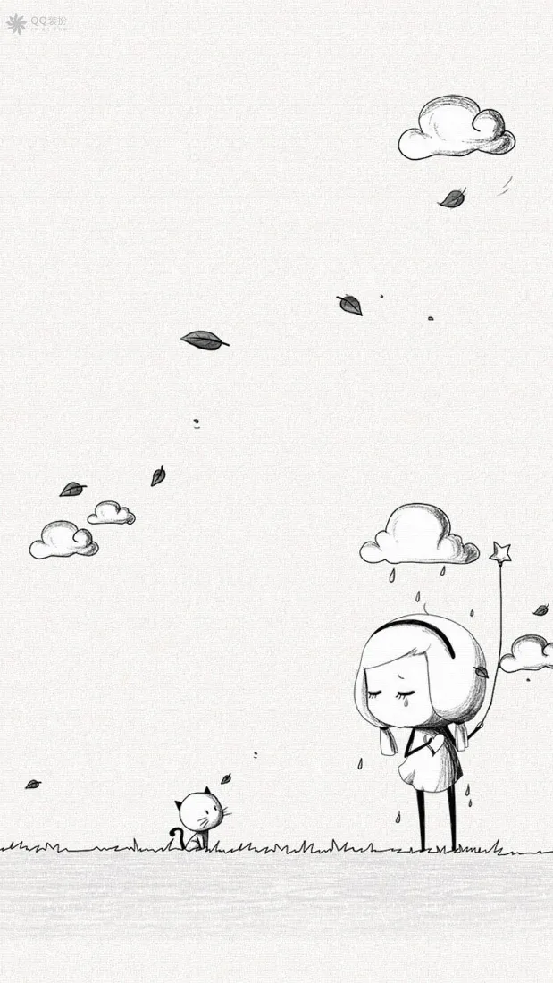 手绘卡通女孩手机壁纸｜雨天落叶场景背景图片 - 可爱小猫「哲风壁纸」